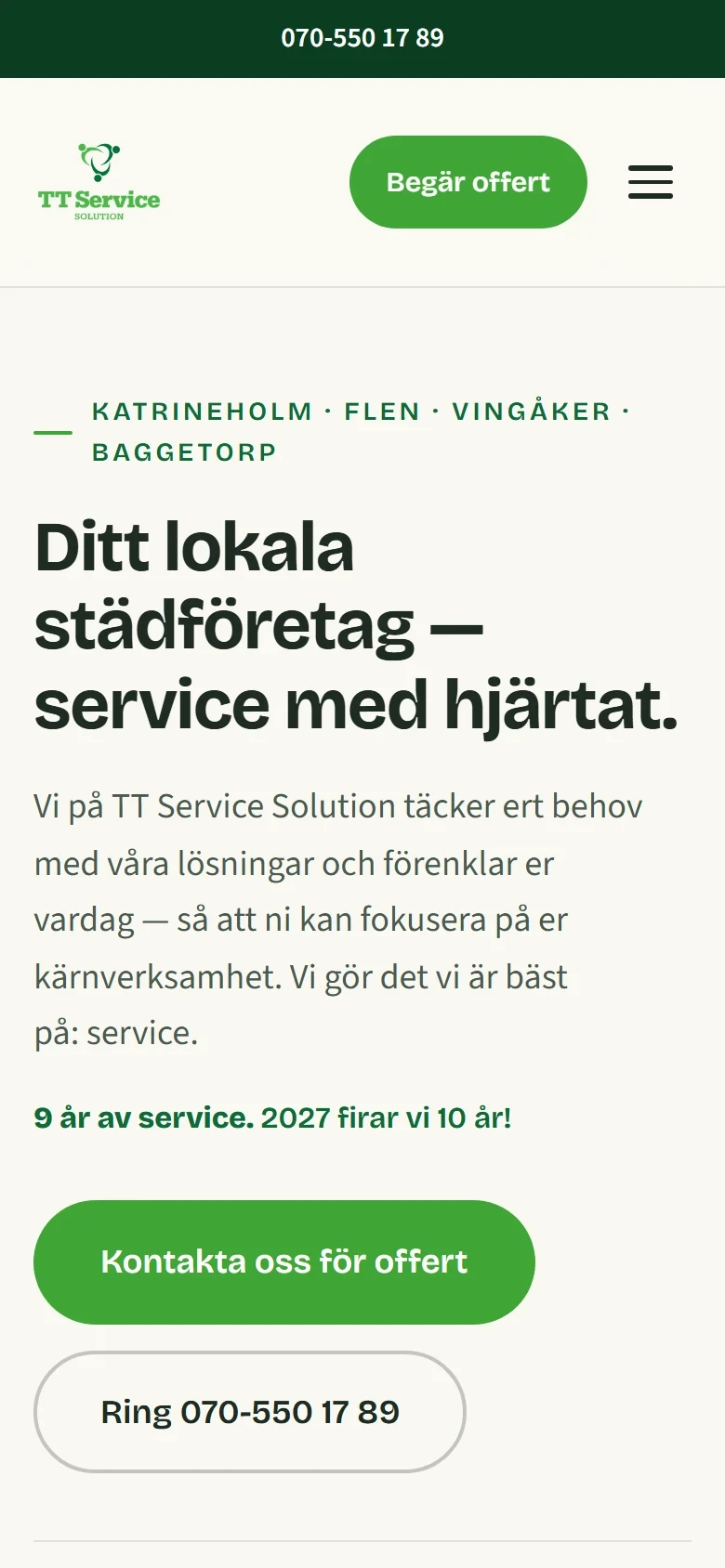 TT Service startsida i mobilvy