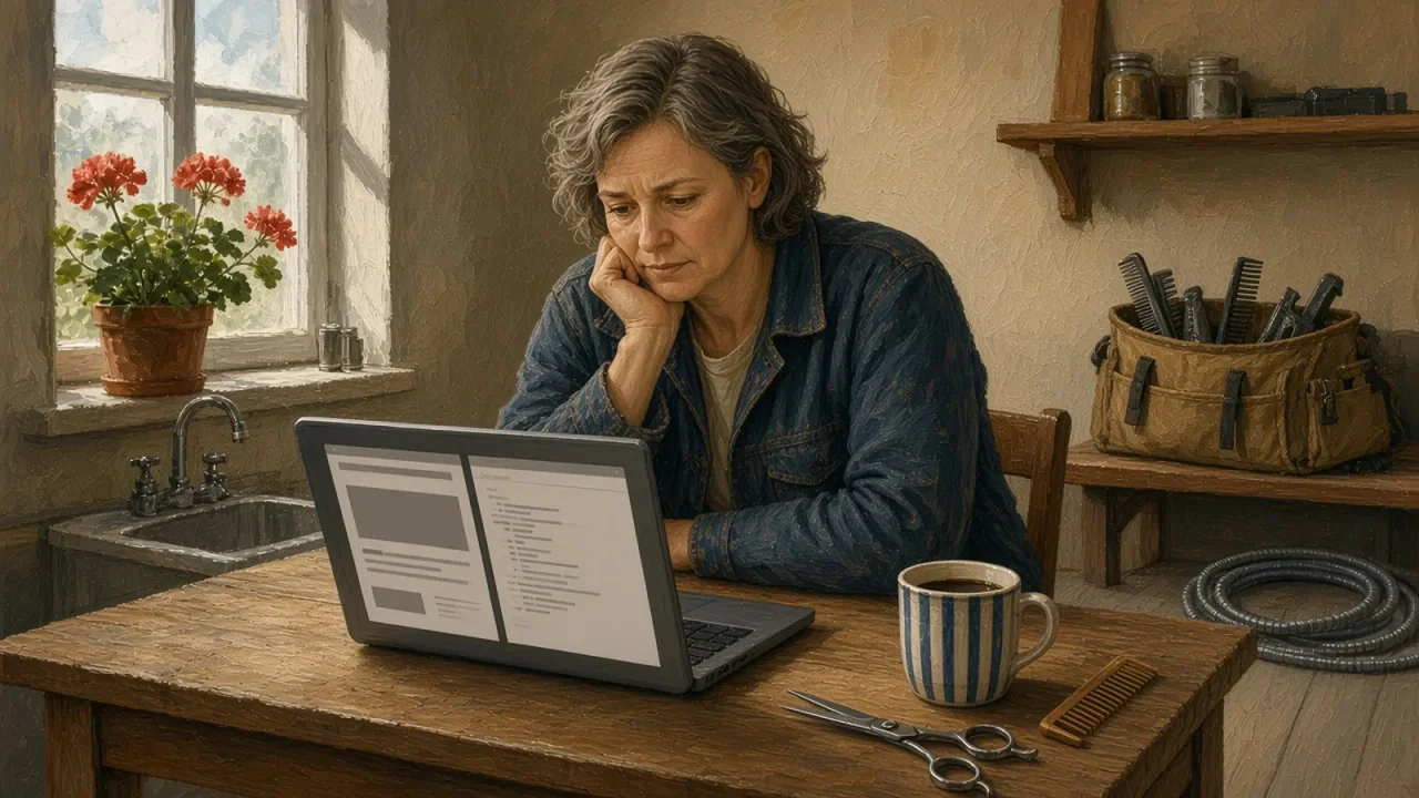 Frisör vid ett träbord tittar på sin hemsida och en robots.txt-fil i laptopen.