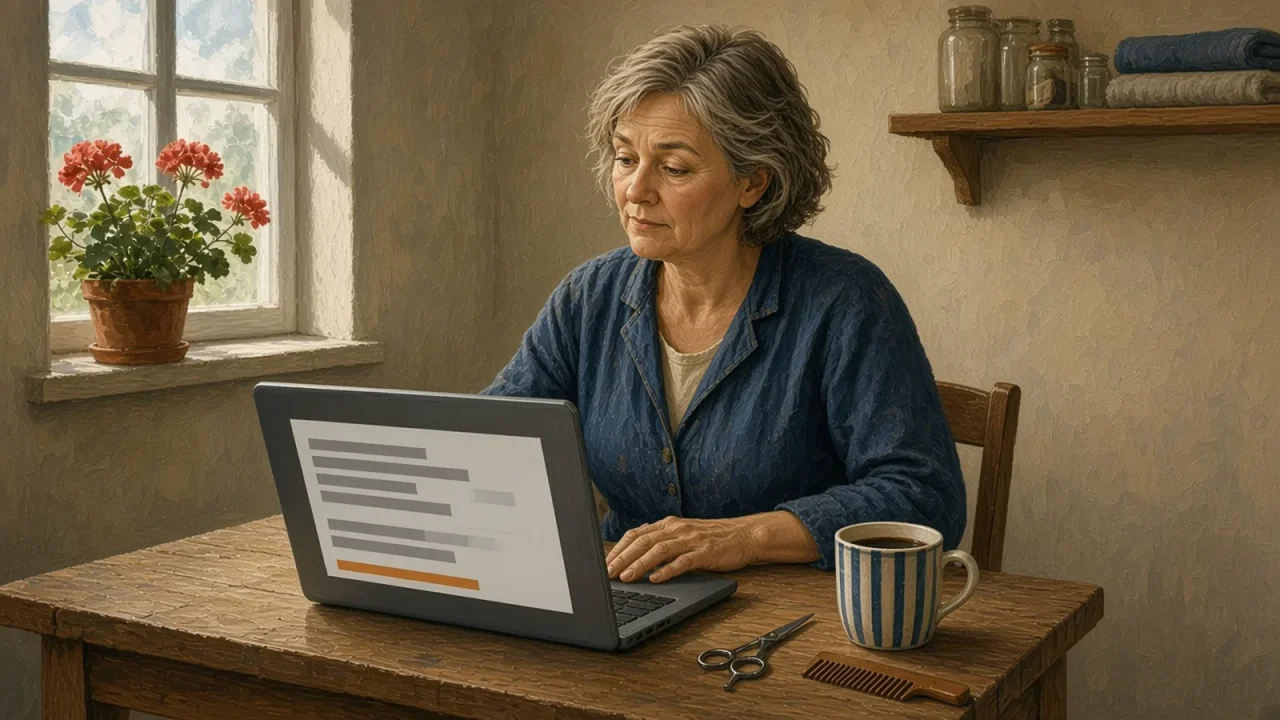 Frisör vid ett slitet träbord tittar lugnt på en laptop där hemsidan visar en oväntad orange rad.