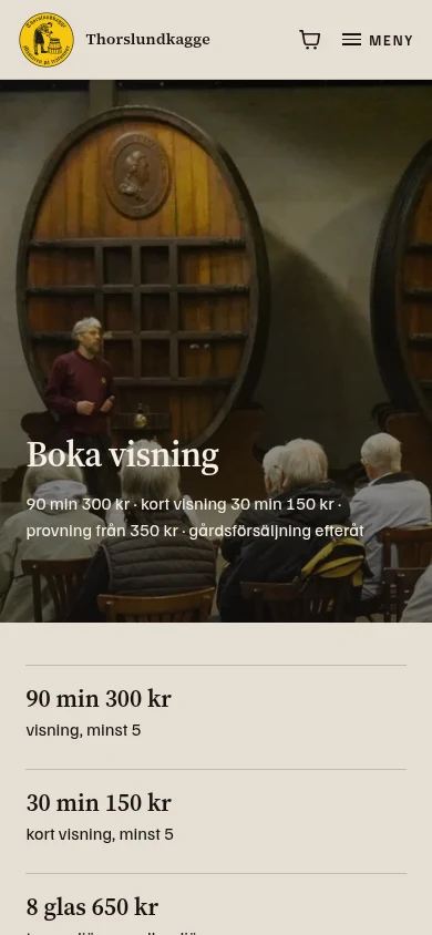 Kagges bokningssida i mobilvy med besöksalternativ och väg till förfrågan