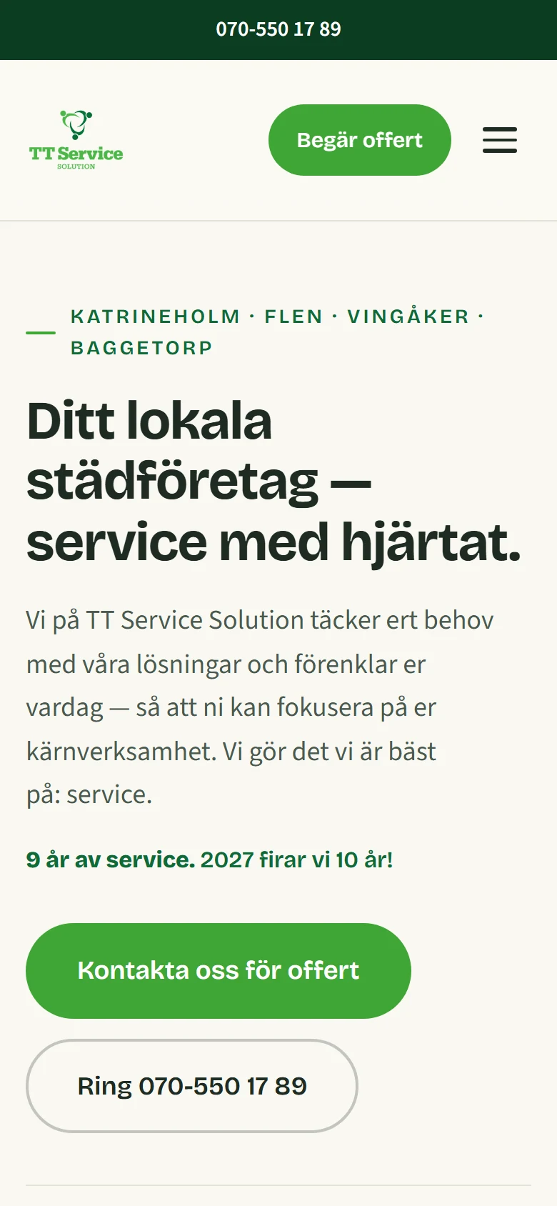 TT Service startsida i mobilvy