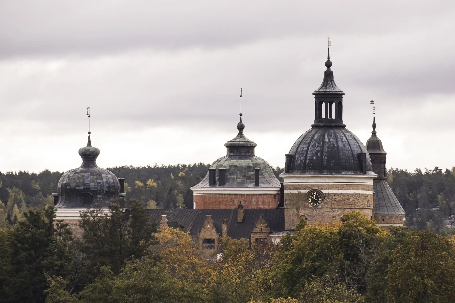 Gripsholms slott sett över träden i Mariefred