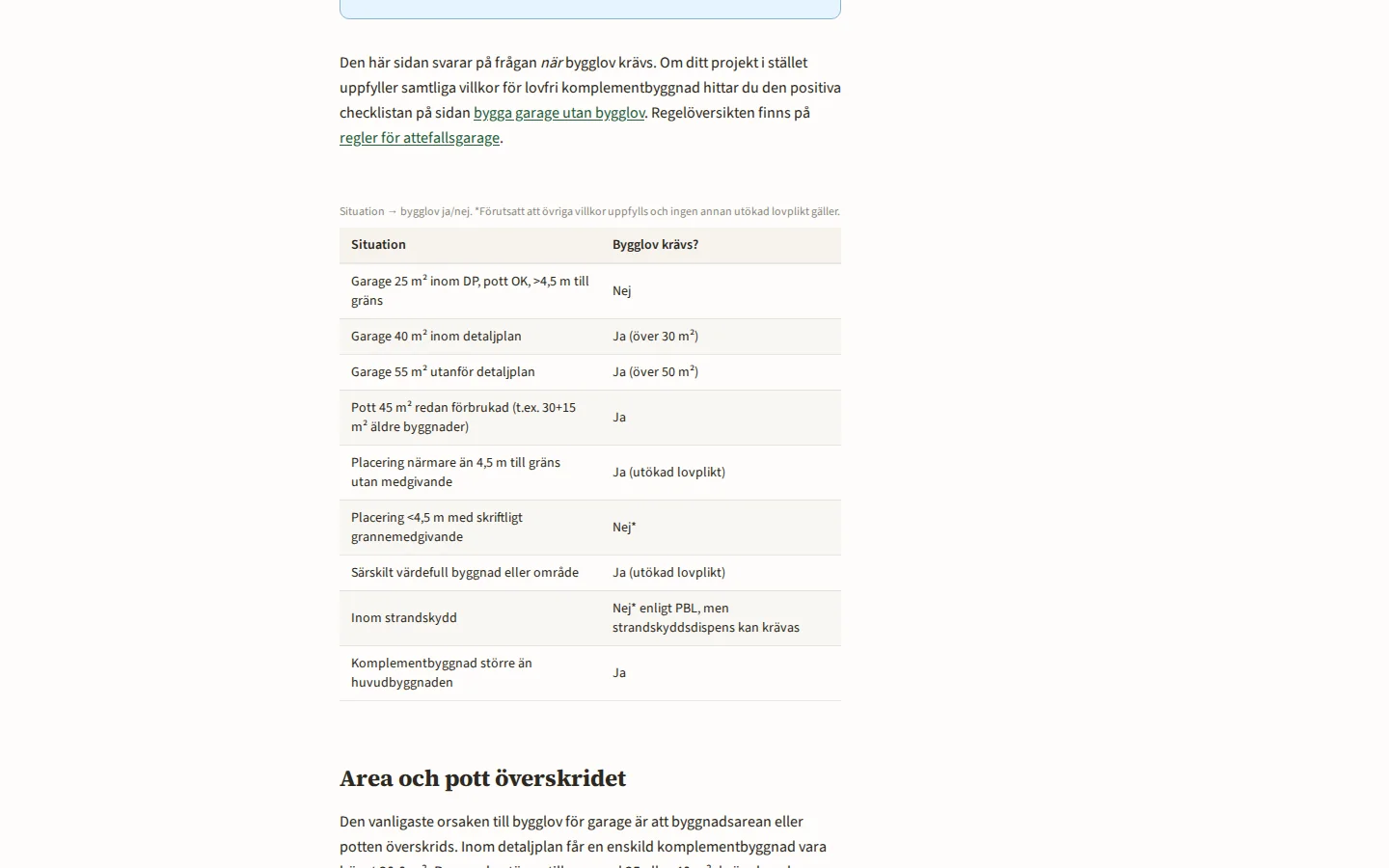 Bygglovtabell på Attefallsgarage, situation mot ja eller nej