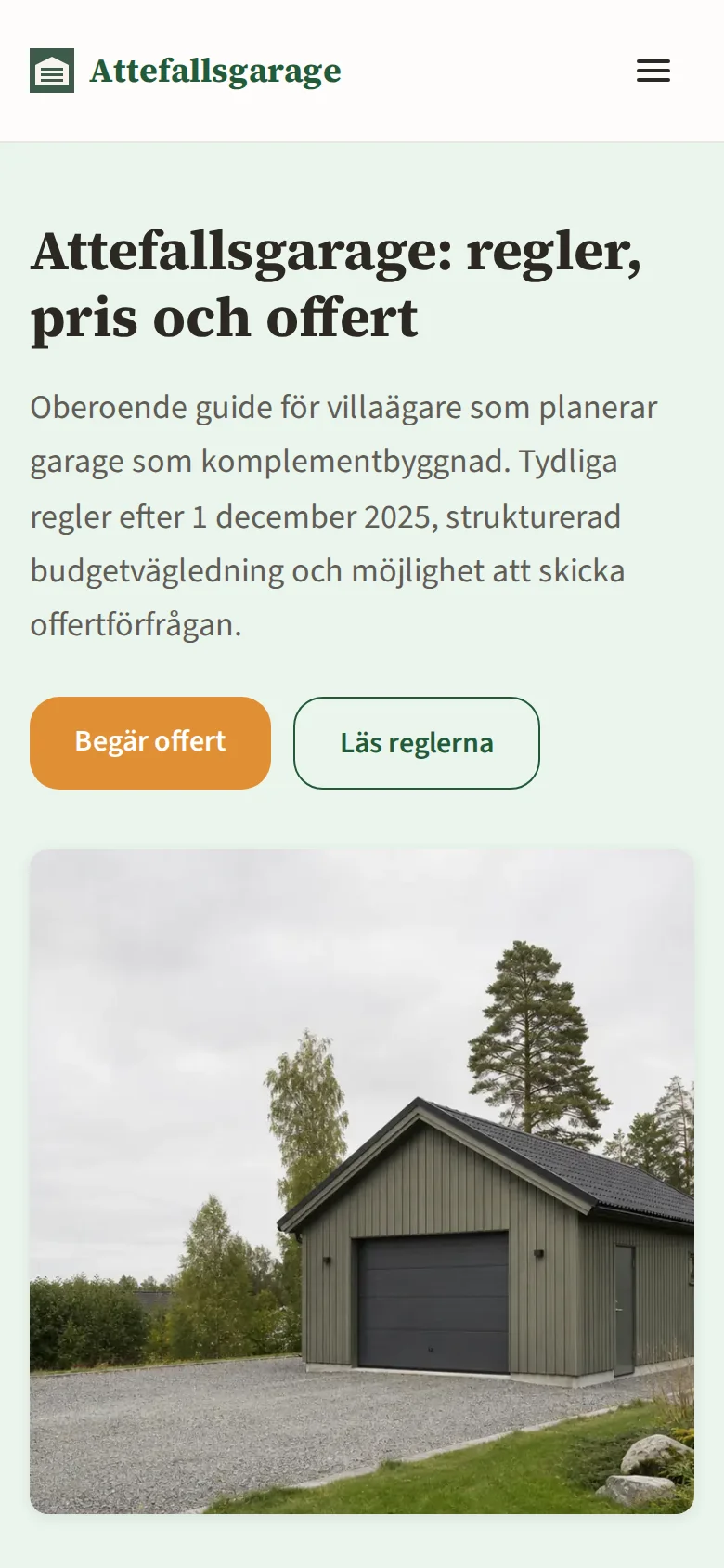 Attefallsgarage i mobilvy med offertknapp i menyn