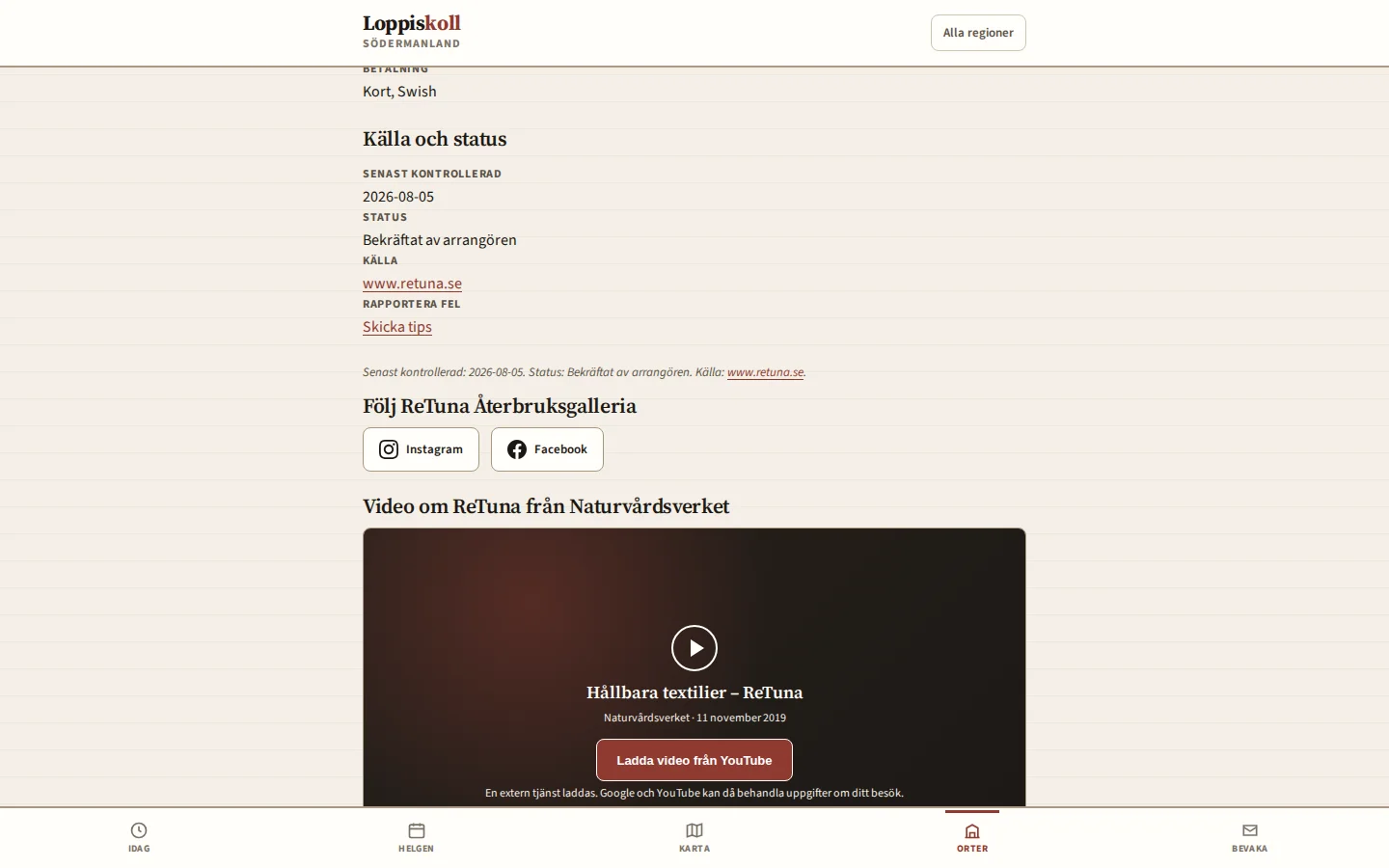 Detaljsida på Loppiskoll med öppettider, adress och sektionen Källa och status