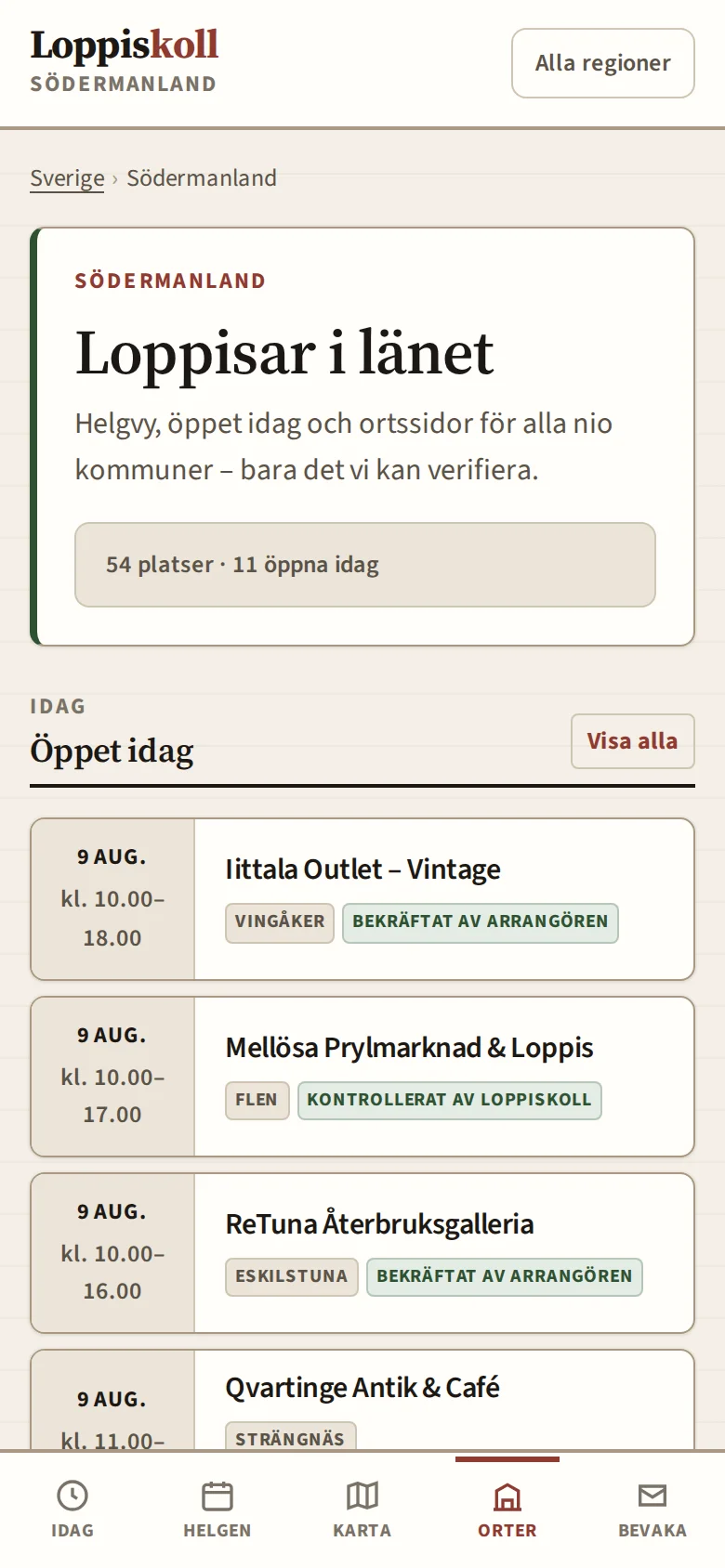 Loppiskoll i mobilvy med snabbnavigering till idag, helgen och karta