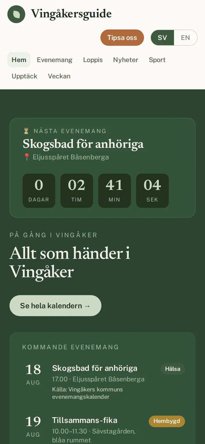 Vingåkersguide i mobilvy