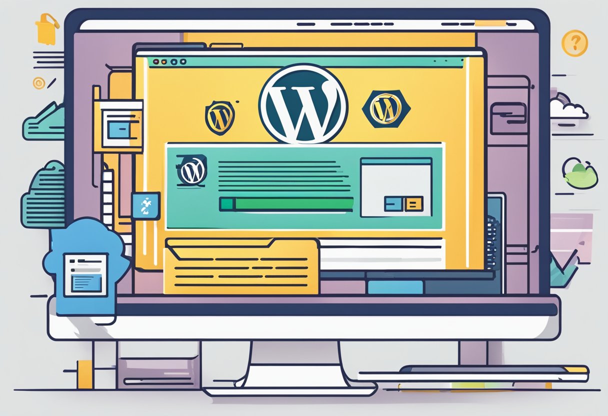 A computer screen displaying a WordPress website with a web hosting service logo in the corner, representing the question "Web Hosting and WordPress: Is it necessary? Do you need web hosting for WordPress?"